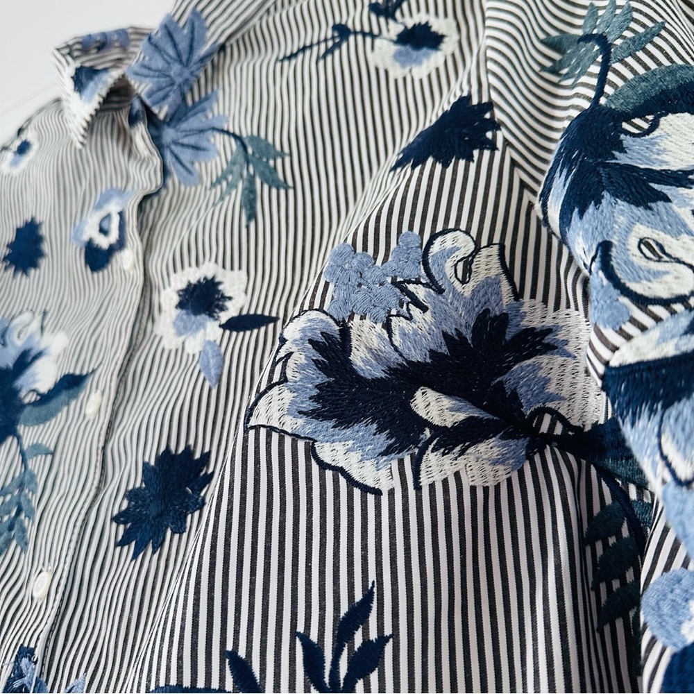 Nanette Lepore Floral Embroidered Boho Button Up Shirt Size L Balloon Sleeve tie - Picture 2 of 12